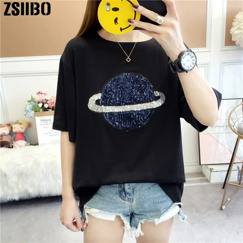

Plus Size Summer Women's Short-sleeved T-shirt Korean Version of The Loose Planet Sequins Top Half-sleeved Shirt