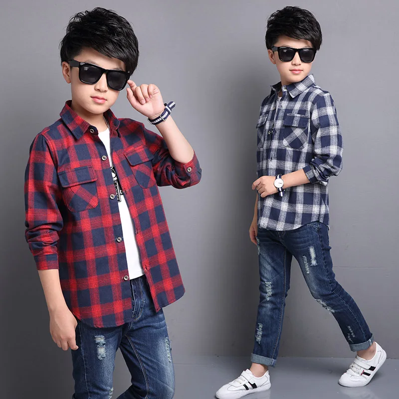

Big Boys Blouses Cotton Long Sleeve Plaid Shirts For Boys Children Clothing School Boys Tops Teenage Outerwear B01