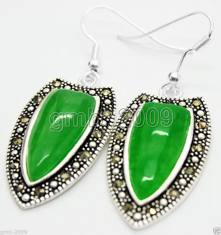 

925 Sterling Silver Natural Green Quartzite stone Marcasite Dangle Drop Earrings