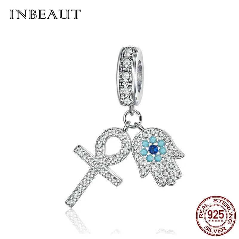 

INBEAUT 100% 925 Sterling Silver White CZ Guardian Hand Cross Key Charms Zircon God Bless Beads fit Pandora Bracelet for DIY