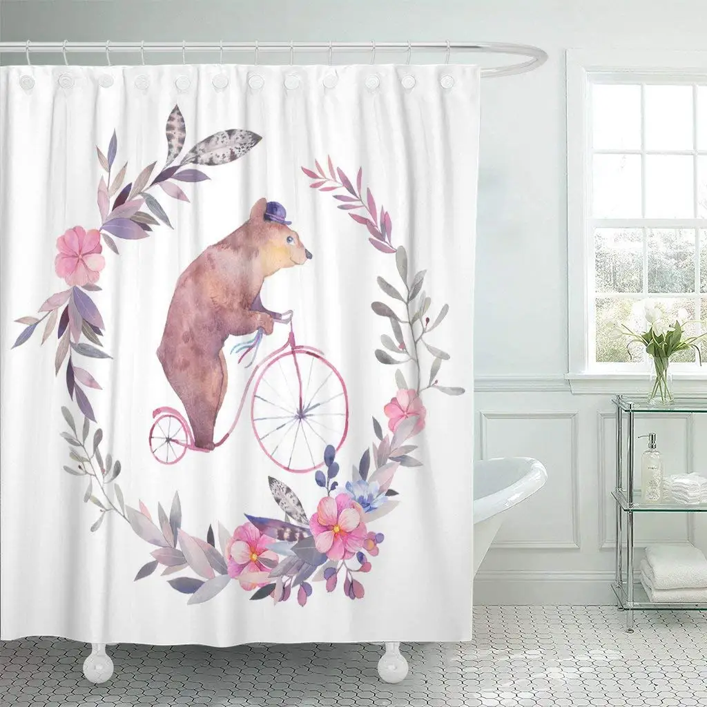 Watercolor Circus Bear on Bicycle and Floral Wreath White Boho Chic Kids with Gray Decor Shower Curtains Bathroom Curtain | Дом и сад