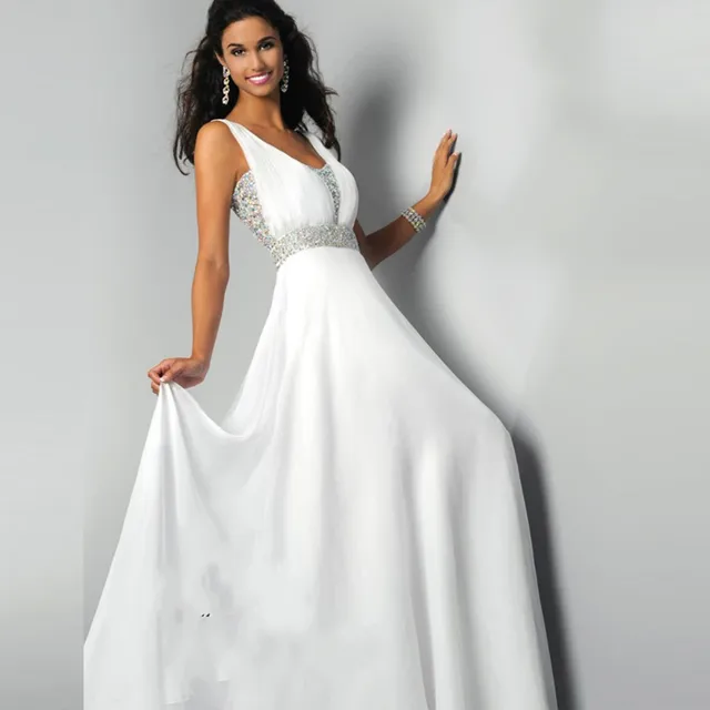 Long White Evening Dresses 2016 Tank Luxury Beaded Crystal Pleats A