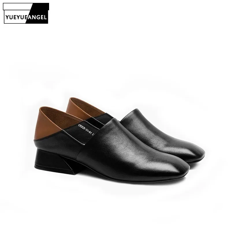 

Italian New Women Slip On Loafers Retro Genuine Leather Block Heels Mules Comfort Office Ladies Pumps Casual Footwear Female