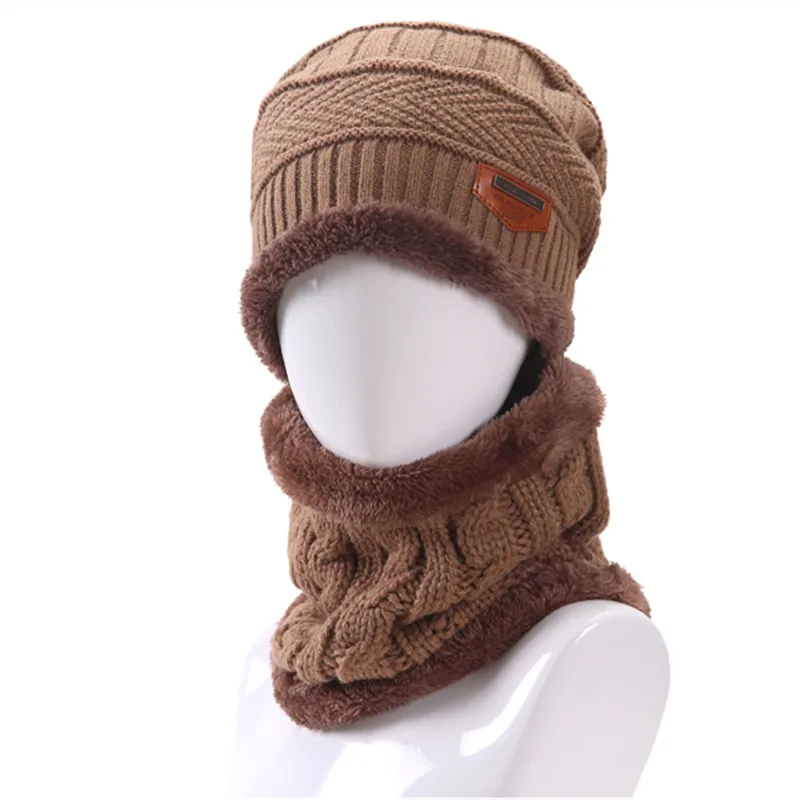 Высокое качество добавить шерсть шею зимняя шапка шарф Кепки зима Шапки для Для мужчин Для женщин вязаная шапка меховая шапочки вязать шляпа Skullies - Цвет: khaki