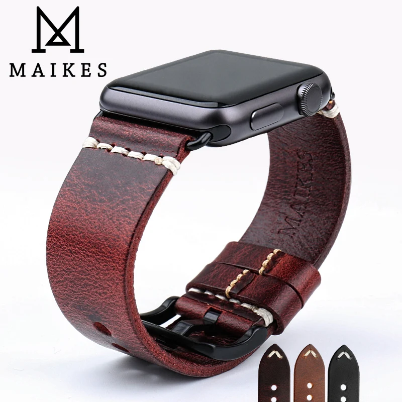 Сменный Браслет MAIKES для Apple Watch Band 44 мм 40 42 38 Series 4/3/2/1 IWatch Красный винтажный браслет из вощеной кожи