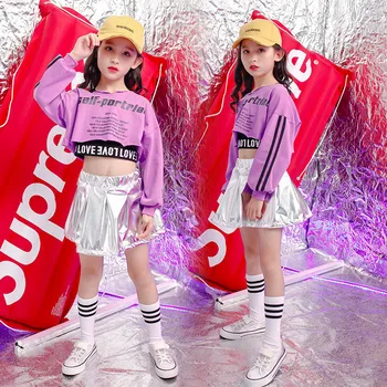 

Girls Cool Loose Ballroom Hip Hop Dance Skirts Competition Costume Child Outfits Crop T Shirt Dance Skirt Jazz Clothing for Kids