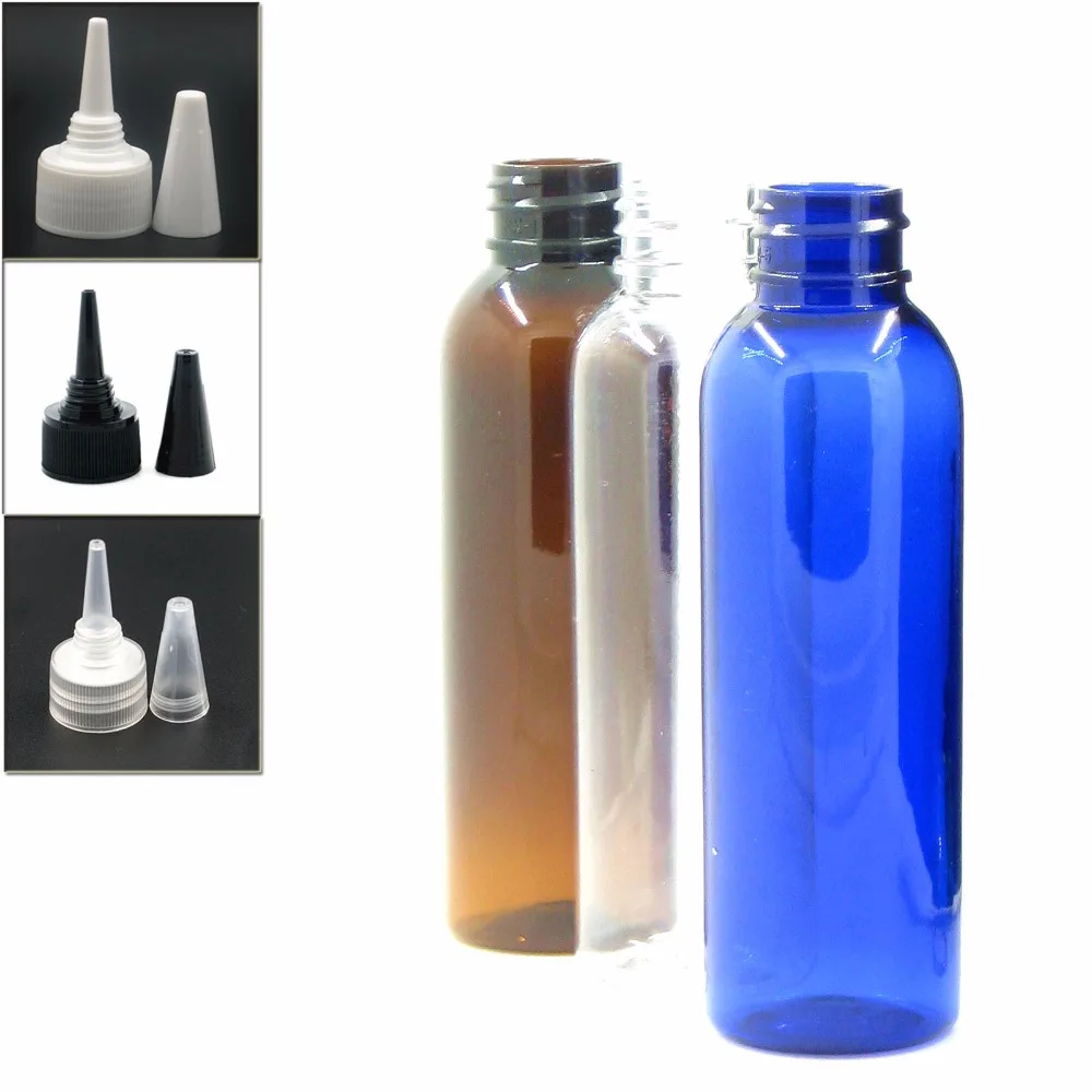 

60ml empty plastic bottle, clear/blue/amber pet bottle with transparent/black/white Twist Top Caps pointed mouth top cap X 5