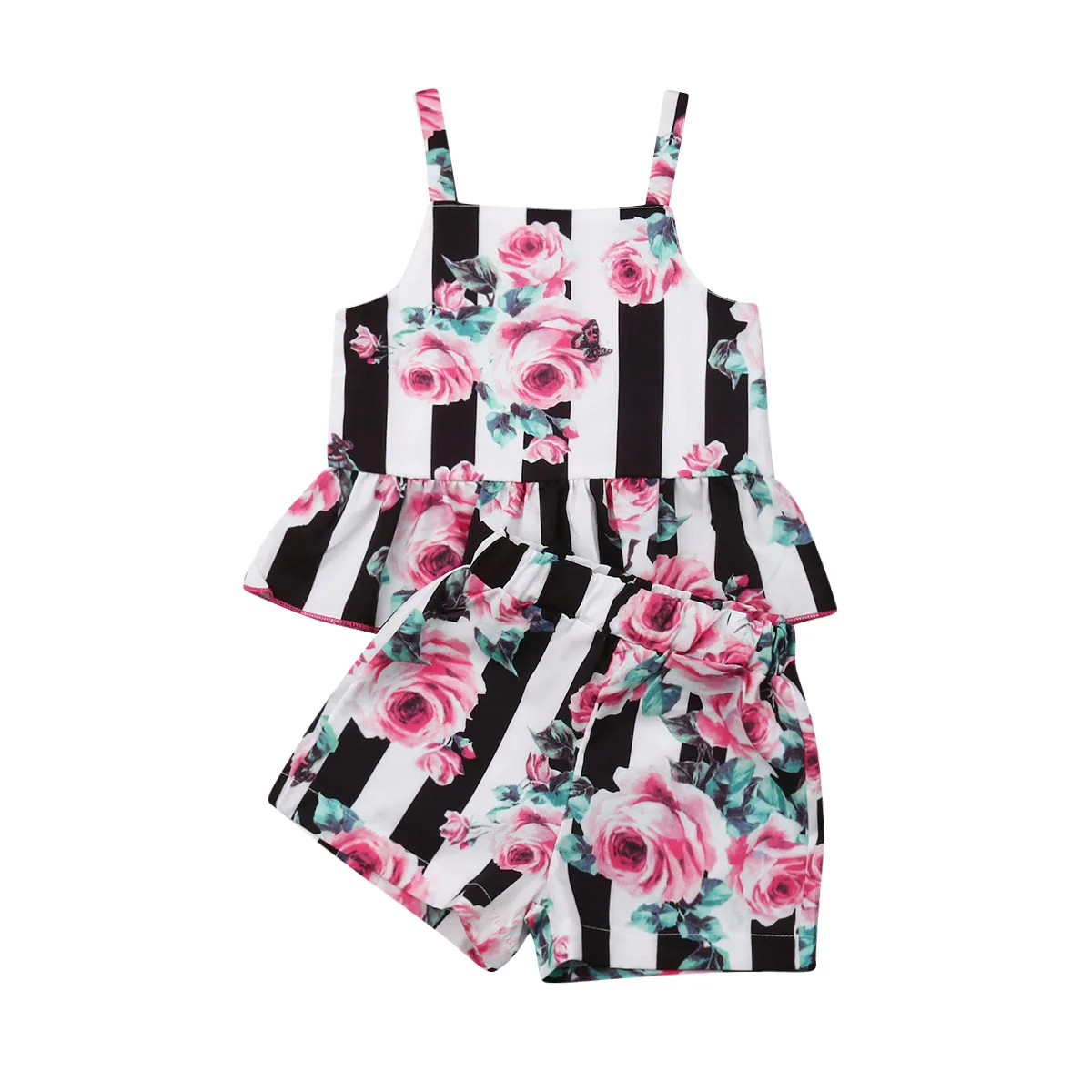 

1-2 Year 2pcs Baby Kids Girl Summer Floral Outfits Stripes Sleeveless Ruffle Back Button Tank Tops Shorts Casual Lovely Clothes