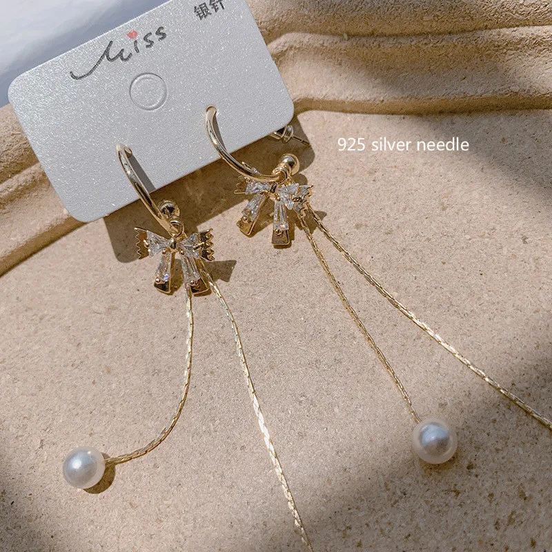 

JZTOP Ladies Zircon Bow Hoop Earrings Sweet Imitation Pearls Long Tassel Earrings For Women Party Hoops Earring Hypoallergenic