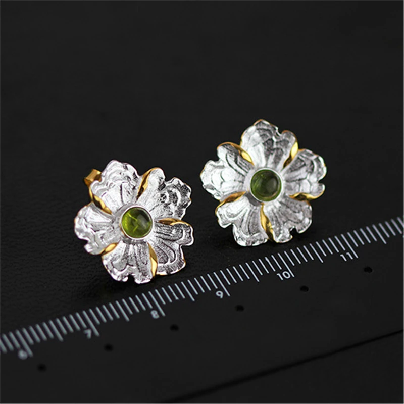 Lotus Fun Real 925 Sterling Silver Natural Stone Original Handmade Fine Jewelry Peony Flower Stud Earrings for Women Brincos