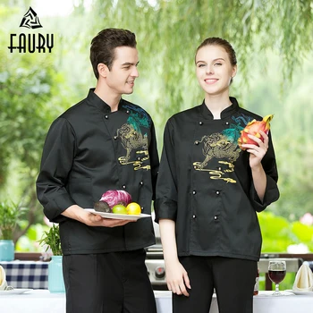 

2018 Chef Jacket & Aprons Men Women Double Breasted Embroidery Dragon Long Sleeves Restaurant Kitchen Cook Cloth Work Uniforms
