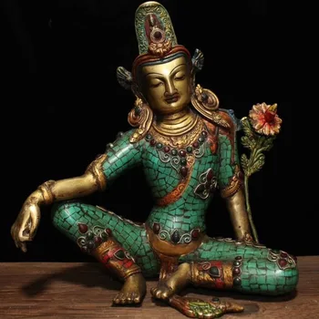 

christmas 12" Tibet Buddhism Bronze Inlay turquoise Gem Green Tara goddess Buddha statue halloween