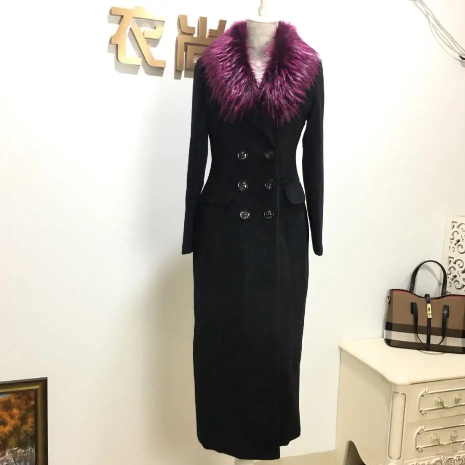 Winter fashion women woolen coat big fox fur collar black cashmere coat double breasted slim x-long coat