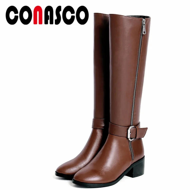 

CONASCO 1Fashion Women Knee High Boots Autumn Winter Warm Genuine Leather High Heels Shoes Woman Round Toe Zipper Elegant Shoes