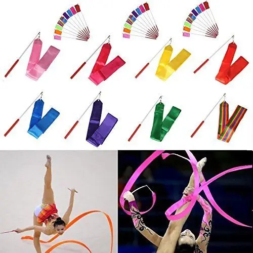 10 Pack Dance Ribbon Streamers - 4M Rhythmic Gymnastic Silk Ribbons With Wands For Kids