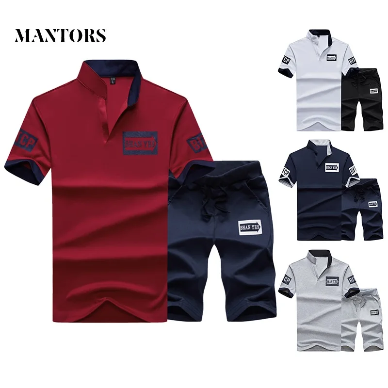 

Men Slim Fit Set 2020 Summer Casual Solid Tracksuits Male Stand Collar Short Sets 2PC T-shirts+Shorts Men's Sportswear Sportsuit
