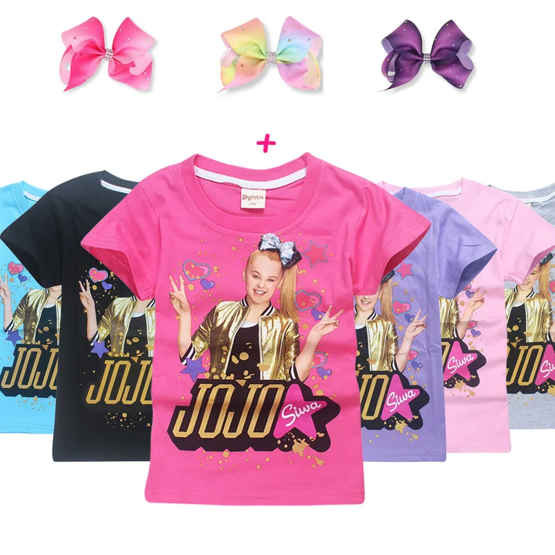 

JOJO siwa Angela Sparkling baby girl clothes Cotton kids robe fille T-shirt girls Summer top unicorn clothes + Bowknot Hairpin
