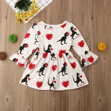 Платье принцессы с принтом динозавра на День святого Валентина для маленьких девочек, сарафан с изображением динозавра на День святого Валентина