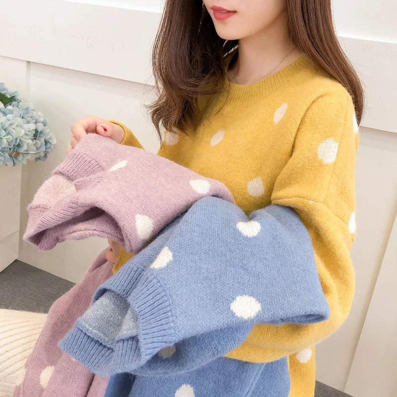 

Korean Fashion Casual Polka Dot Pullover Sweater Women 2018 Autumn Winter Female Pink Long Sleeve Knit Sweaters Pull Femme Hiver