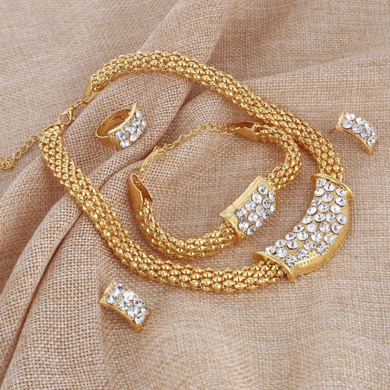 Удивительная цена, свадебные Золотые Ювелирные наборы для женщин, подвеска, Африканский бисер, кристалл, ожерелье, серьги, браслет, кольца