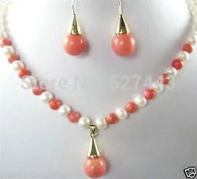 

Wholesale JEWELRY 7-8MM PINK CORAL WITH WHITE PEARL EARRING NECKLACE SETS (A0423)