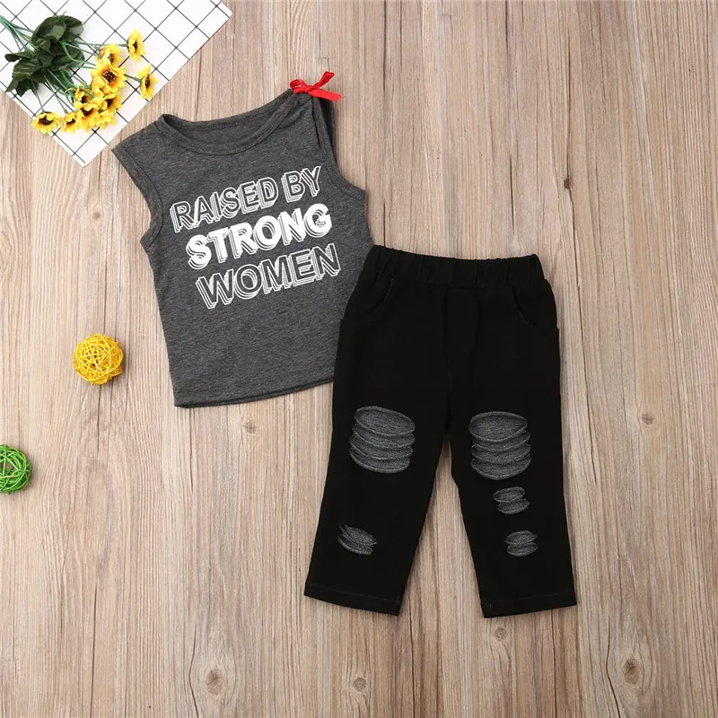 

Toddler Kids Baby Girls clothes Hole solid pocket Pants letter print sleeveless round neck pullover vest 2Pcs cotton Outfits