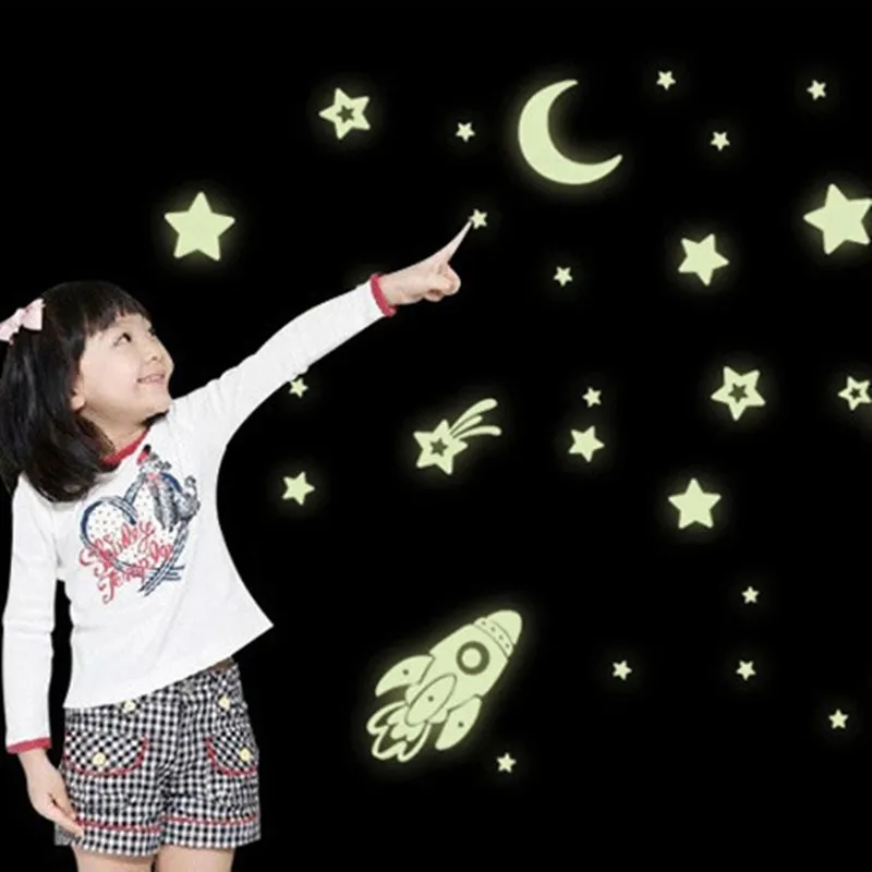 

1Set 3D Space Stars Planet Rocket Glow In The Dark Luminous Fluorescent PVC Wall Stickers For Kids Bedroom Decor DIY