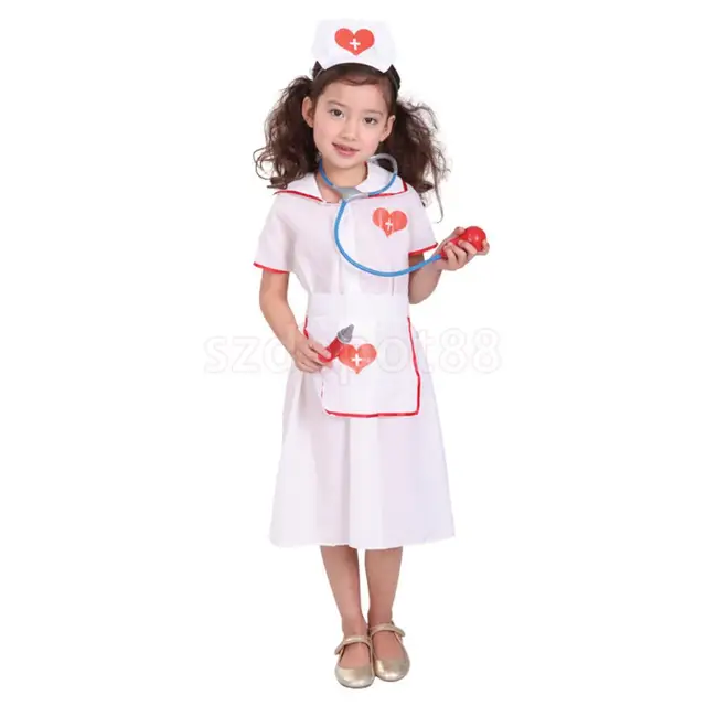 Girls Dress Kids Nurse Costume Headpiece Apron Outfit Hospital Doctor