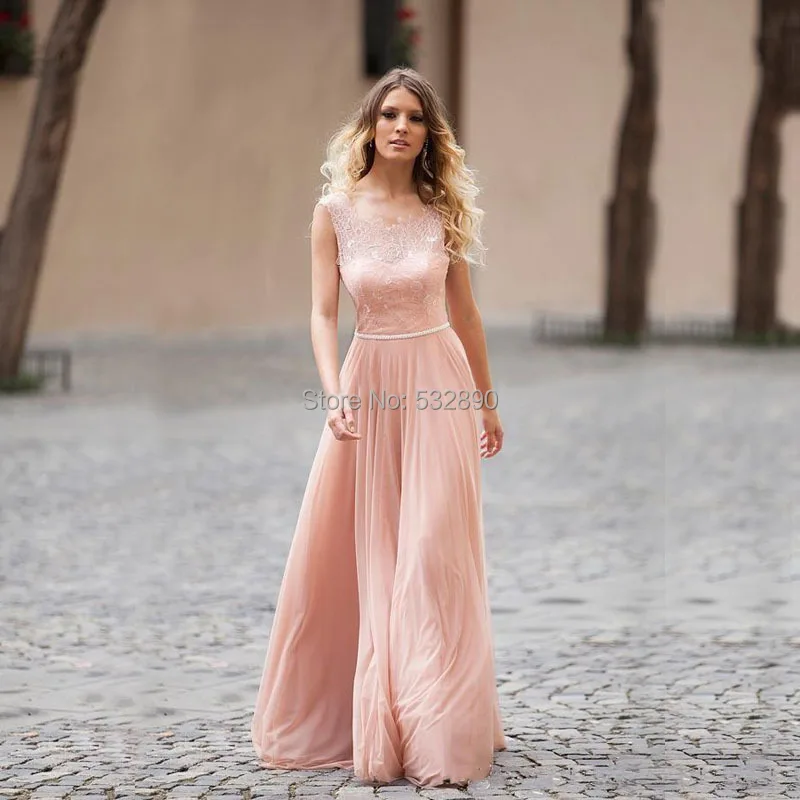 On 2016 Sheer Lace Wedding Guest Dress Sleeveless Chiffon Long Chiffon Bridesmaid Dresses 2017 Sashes Elegant Lace Liqued