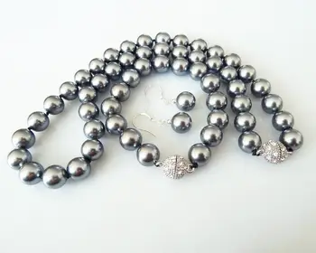 

Women's cospay Hot selling wholesale 10mm grey natural shell pearl fashion necklace bracelet earring set