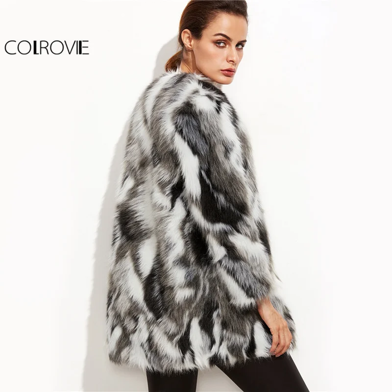 COLROVIE Faux Fur Fuzzy Coat Women ColorBlock Open Front Elegant Autumn Coats Fashion Winter Long Sleeve OL Work Coat Outerwear
