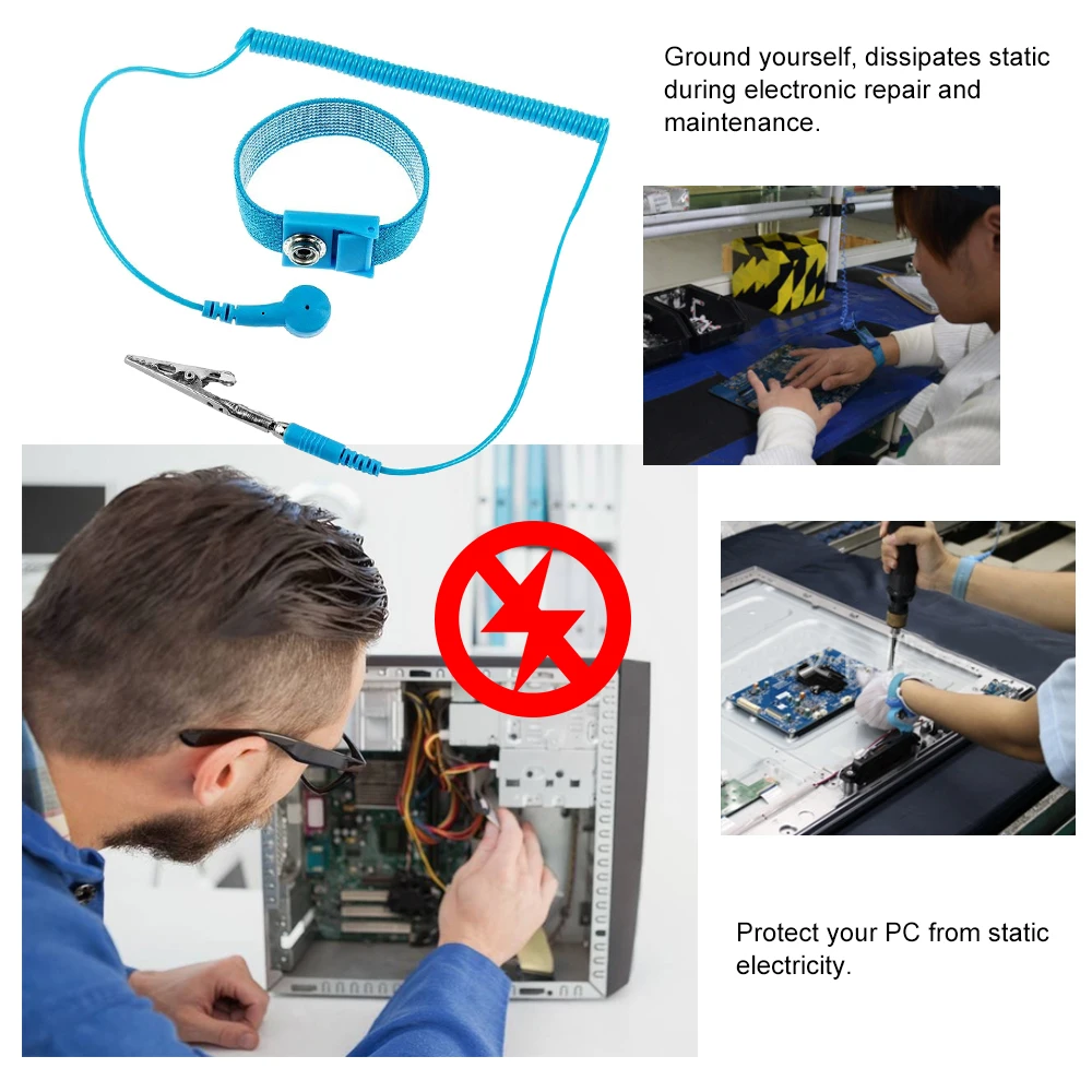

5PCS PVC Anti-Static Wrist Strap Band ESD Discharge AntiStatic Wrist Belt, Blue
