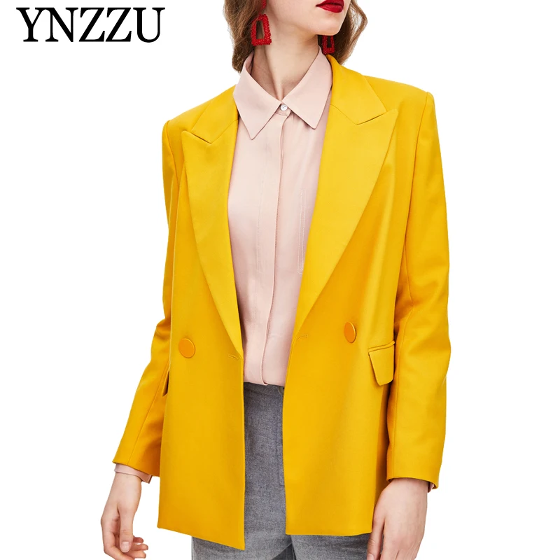 

YNZZU 2019 Autumn Yellow Fashion Women Blazer Long sleeve Double breasted Loose ladies suit Hot sale office ladies jacket YO869