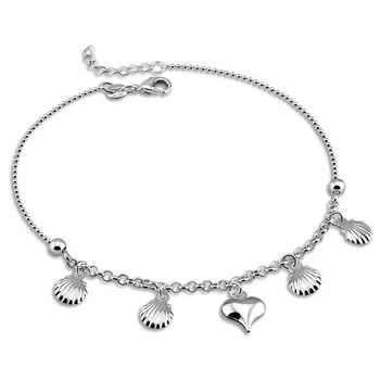 

New fashion silver shell pendant woman anklets.Solid 925 silver heart-shaped anklets.Cute girl round bead chains. lady jewelry
