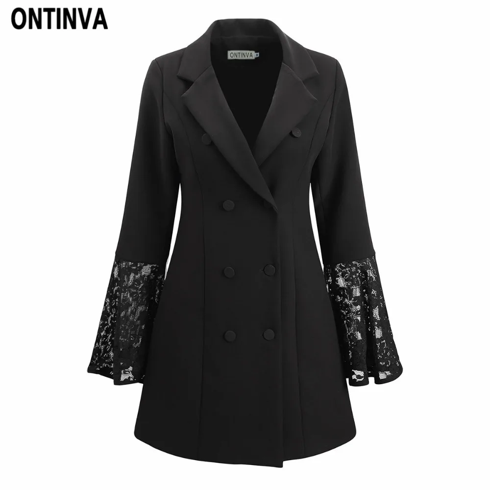 Women Plus Size Black Lace Long Blazer Office Lady V Neck