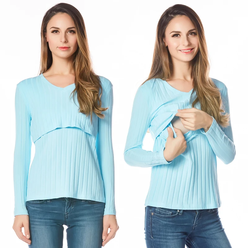 Maternity Nursing top V neck Long Sleeve Cotton Breastfeeding T shirt