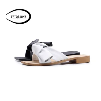 

WEIQIAONA New Summer Slipper Genuine leather Slides Women Sandals Slippers bowknot Hollow Women Single Sandals Non-slip Fashion