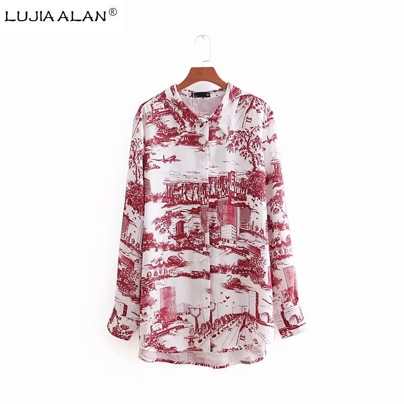 

LUJIA ALAN stylish landscape printing women blouses casual lady long sleeve shirts fashion loose tops camisa blusas LS1212