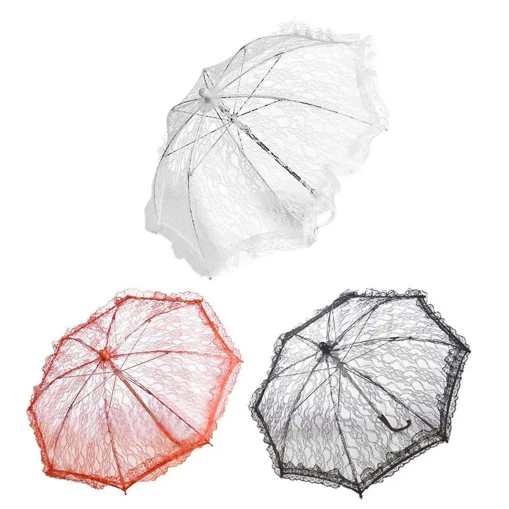 

Wedding Flower Girl Decorative Umbrella Small Bridal Lace Umbrella Photography Prop With Stainless Steel Long Handle