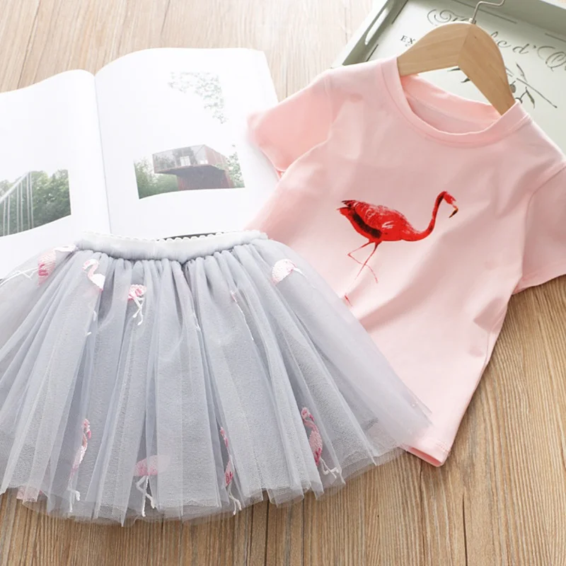 Одежда для маленьких девочек Футболка с лебедем+ фатиновая юбка комплект одежды для дня рождения из 2 предметов, детские летние комплекты одежды с единорогом