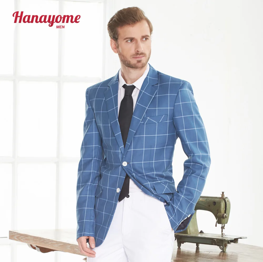 Hanayome Mens 2 Piece Silm Fit Suits 2017 Two Buttons Blue Grid Silm Fit Business Blazer Suit & Tuxedo SI117 Customize
