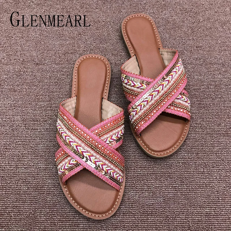 

Women Slipper Summer Shoes Bohemia Flip Flops Beach Slippers Flat Woman Sandals String Bead Peep Toes Female Slides Plus Size DE