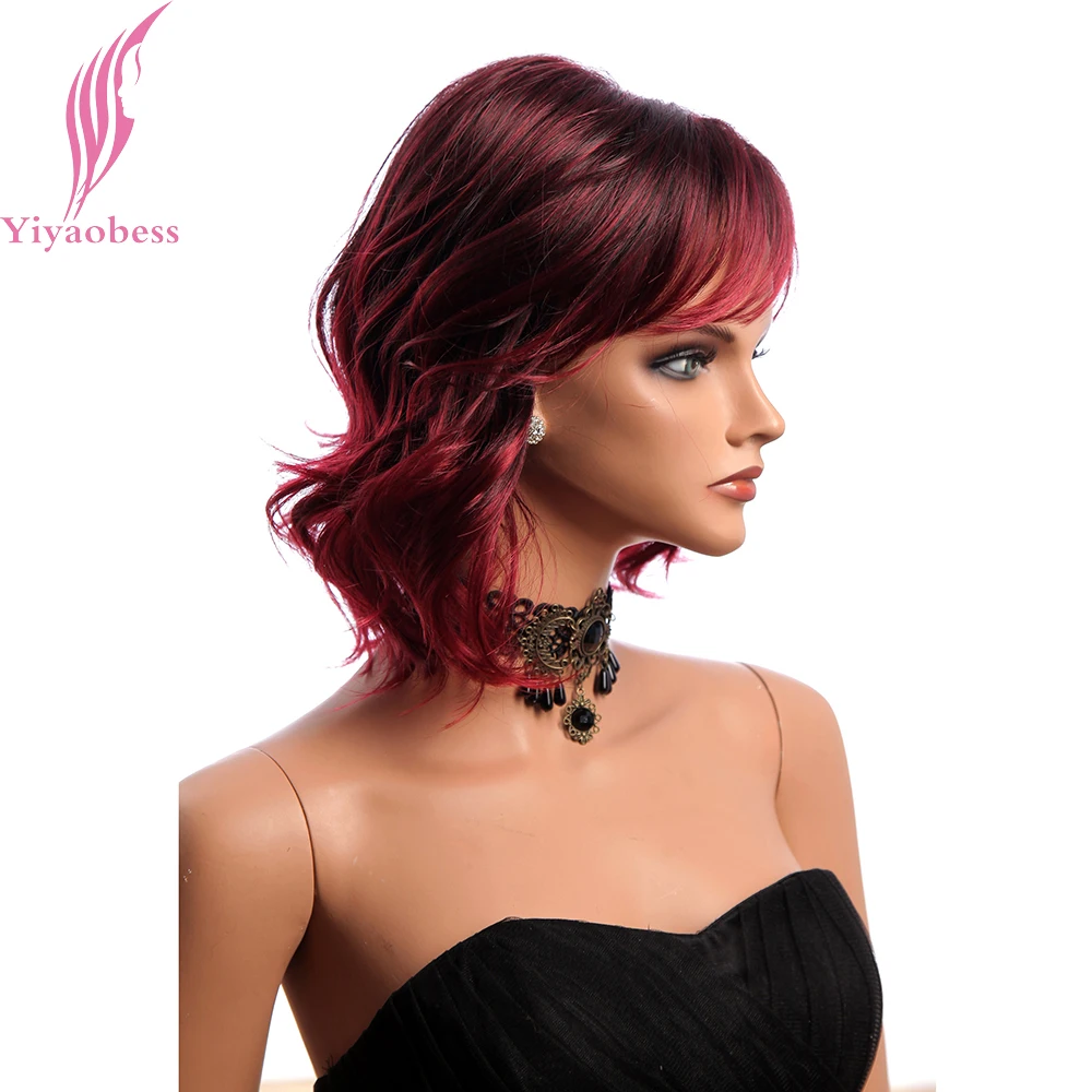 Yiyaobess синтетические волосы 12 дюймов микс красное вино короткие волнистые парик с челкой афроамериканские парики для женщин японское волокно