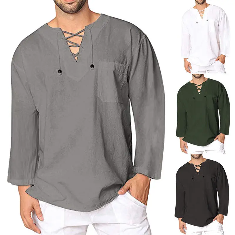 

Mens Baggy Casual T-Shirt Cotton Linen Tee Hippie Long Sleeve Tops