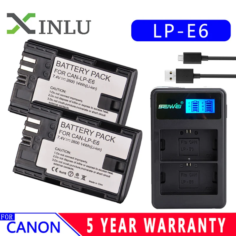 

LP E6 LPE6 LP-E6 E6N Battery 2600mAh + LED Dual Charger For Canon EOS 5DS R 5D Mark II 5D Mark III 6D 7D 80D EOS 5DS R Camera