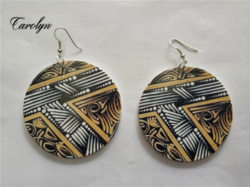 Wood Carving African Beauty Printed 6 Colors Large Pendant Earrings
