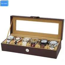 Коричневая кожа 6 позиций часы нагрудная коробка времени магнит застежка окно коробка для хранения с окошком Alibaba упаковка поставщик