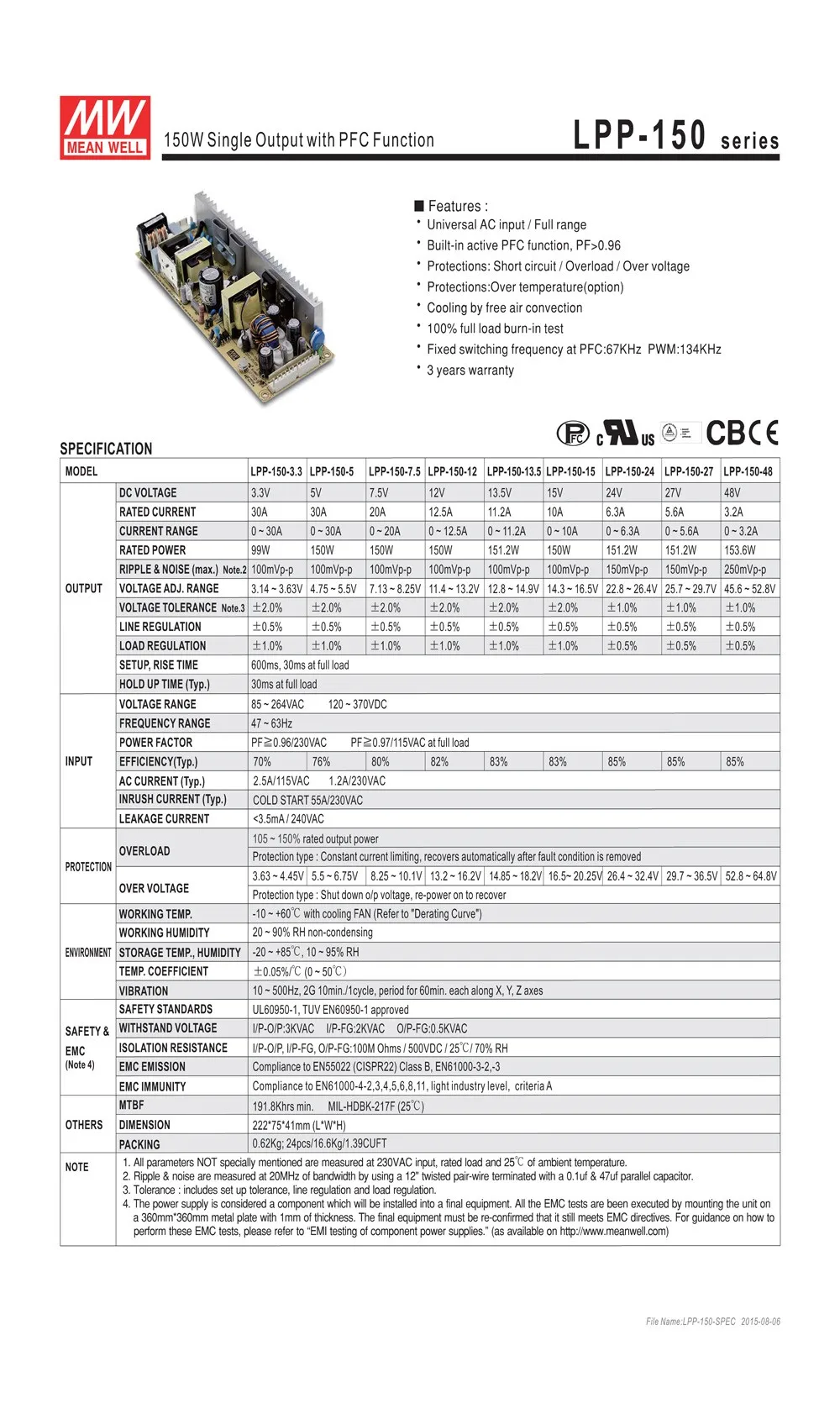 Бренд MEAN WELL представляет LPP-150-5 питания с одним выходом, 30A 150W 5V Meanwell Питание С активный PFC открытая рамка LPP-150