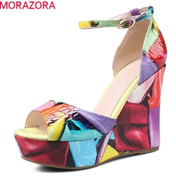 

MORAZORA 2019 newest women sandals genuine leather shoes ankle buckle summer shoes elegant party wedges platform shoes woman