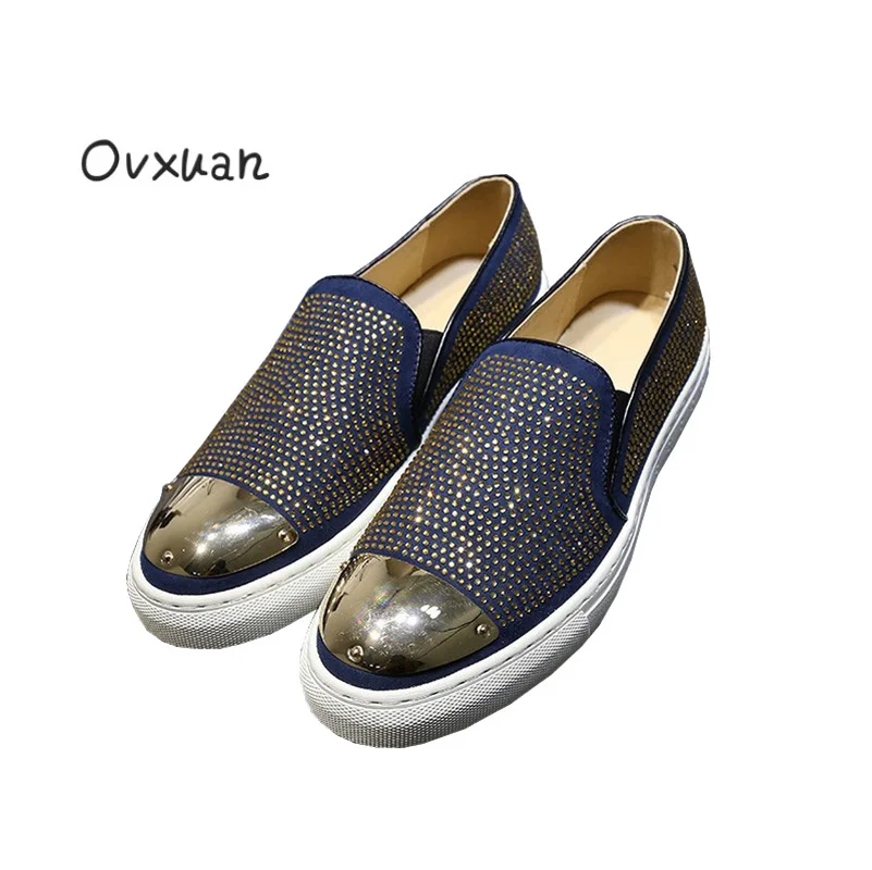 

Ovuxan Blue Genuine Leather Shiny Rhinestone Men Loafer Fashion Party and Banquet Leisure Shoes Men Metal Sheet Toe Casual Shoes